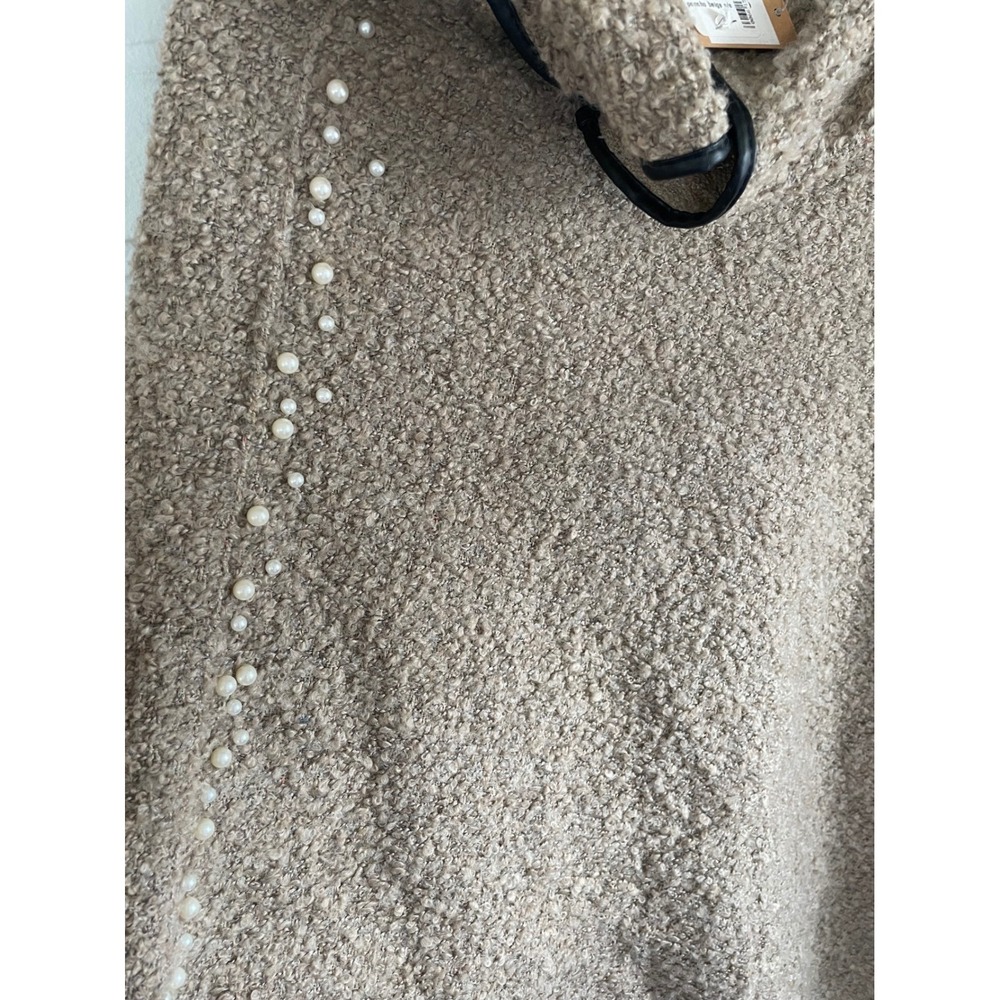 NWT Odiva Women Beige Boucle Knit Pearl Embellished Poncho Cowl Neck - Picture 3 of 8